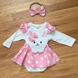 NWOT NEWBORN 1st EASTER ONESIE Pink Polka Dot Bunny Skirted Bodysuit w Headband